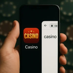 mobile device showing casino app icon and browser casino website