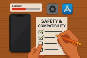 hands checking checklist for app installation and browser compatibility on mobile device