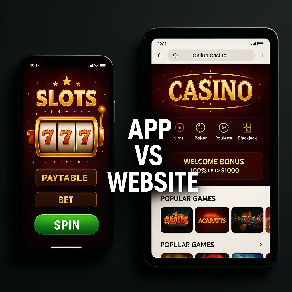 smartphone showing casino app and tablet showing casino website comparison